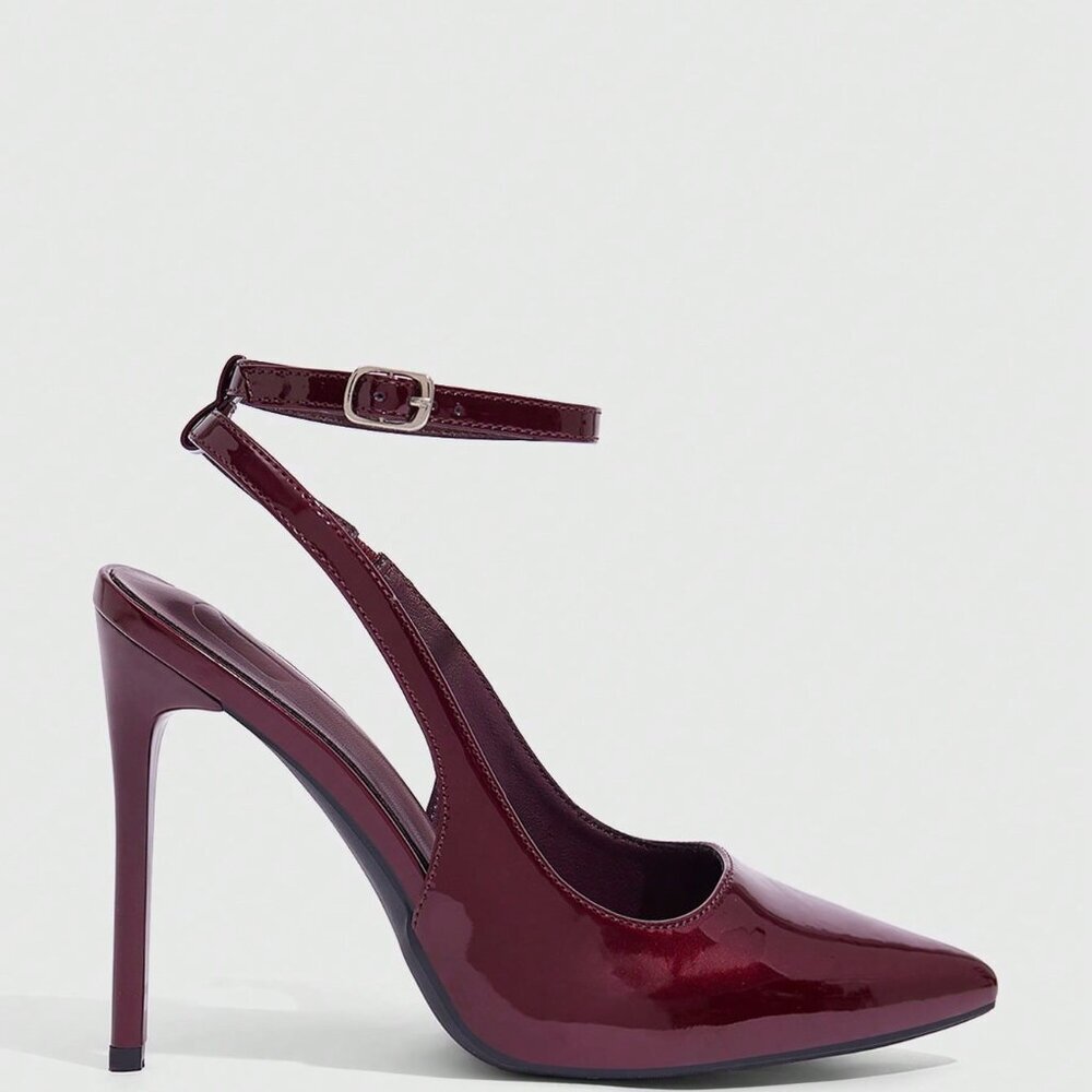 Burgundy Sexy Women's Pointed Toe Stiletto High Heel Ankle Strap Backless Pumps - Picture 7 of 10